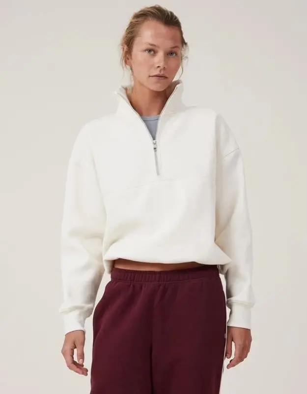 Oversize Yarim Fermuarli Yoqali Basic SweatShirt - Oq - BÜYÜKBEDENIZ