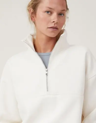 Oversize Yarim Fermuarli Yoqali Basic SweatShirt - Oq - 4