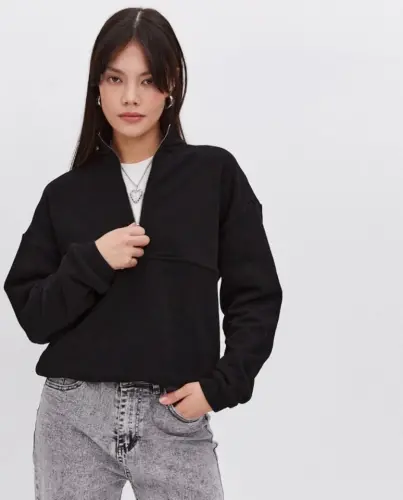 Oversize Yarim Fermuarli Yoqali Basic SweatShirt - Qora - 3