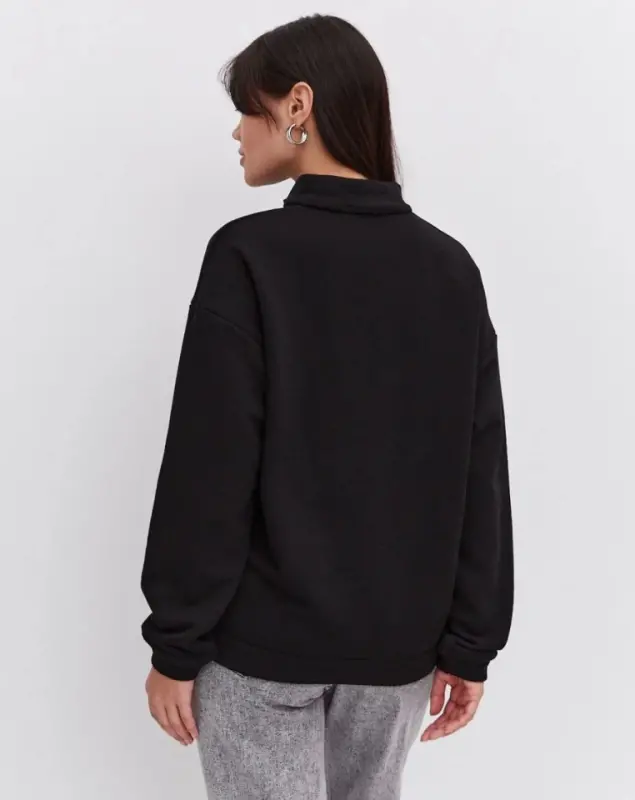 Oversize Yarim Fermuarli Yoqali Basic SweatShirt - Qora - 4