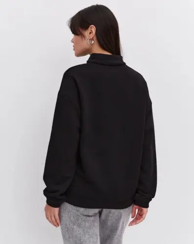 Oversize Yarim Fermuarli Yoqali Basic SweatShirt - Qora - 4
