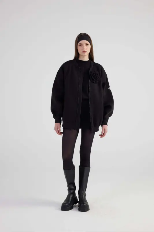 Oversize Yechib olinadigan gul detallari Astarli Alexa Bomber Kurtka Qora - 2