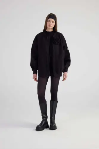Oversize Yechib olinadigan gul detallari Astarli Alexa Bomber Kurtka Qora - 4