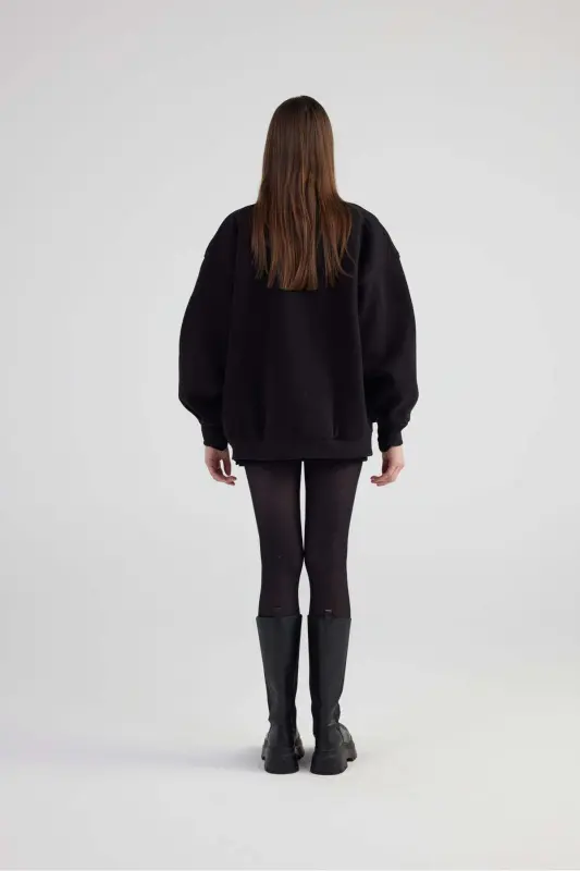 Oversize Yechib olinadigan gul detallari Astarli Alexa Bomber Kurtka Qora - 6