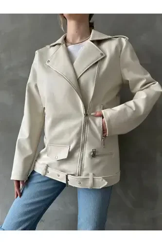 Oversize Женская Длинная Байкерская Кожаная Куртка-крем - 6