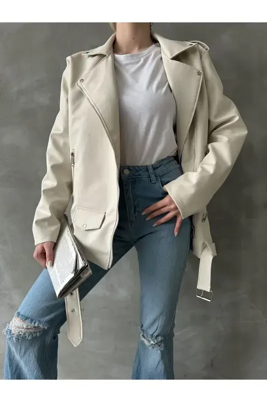 Oversize Женская Длинная Байкерская Кожаная Куртка-крем - 7