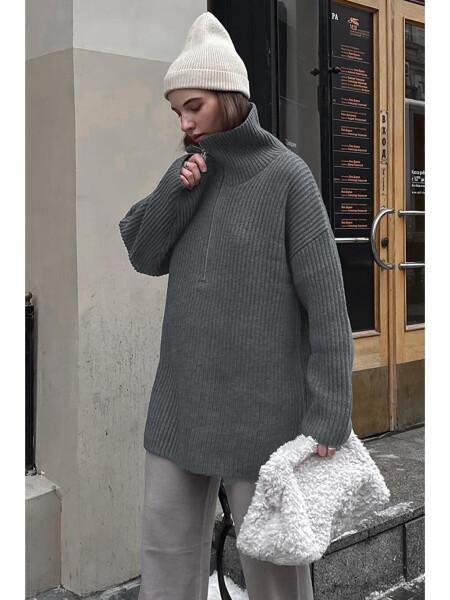 Oversized Anthracite Zipper Neck Sweater MG1946 - 6