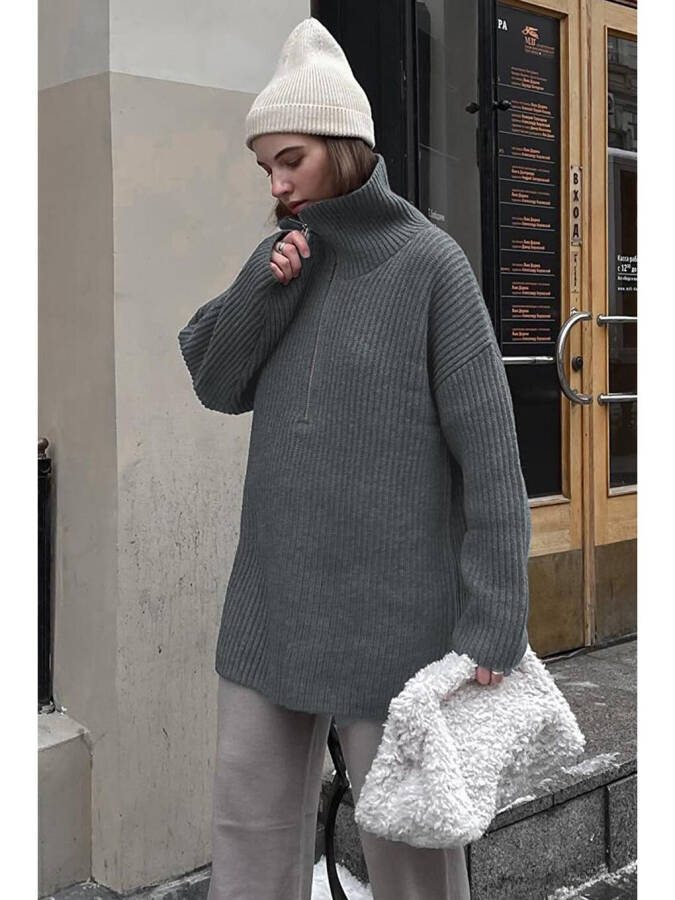 Oversized Anthracite Zipper Neck Sweater MG1946 - 6