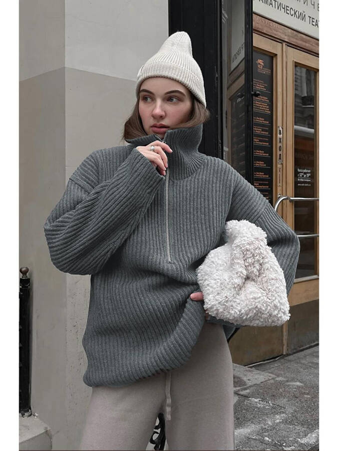 Oversized Anthracite Zipper Neck Sweater MG1946 - 2