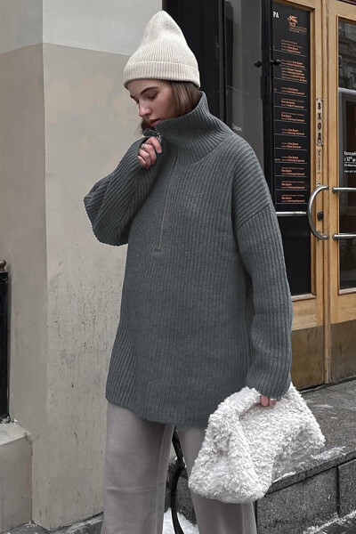 Oversized Anthracite Zipper Neck Sweater MG1946 - 11