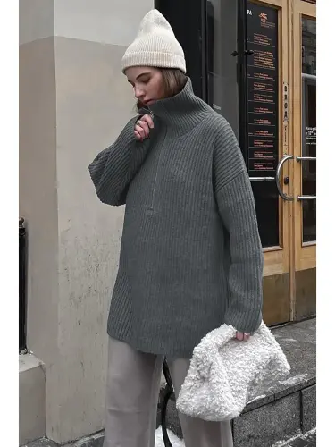 Oversized Anthracite Zipper Neck Sweater MG1946 - 1