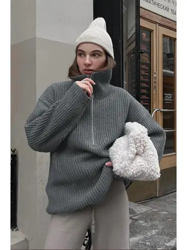 Oversized Anthracite Zipper Neck Sweater MG1946 - 2
