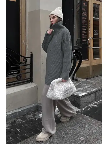 Oversized Anthracite Zipper Neck Sweater MG1946 - 3