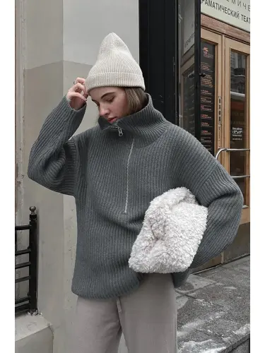 Oversized Anthracite Zipper Neck Sweater MG1946 - 4