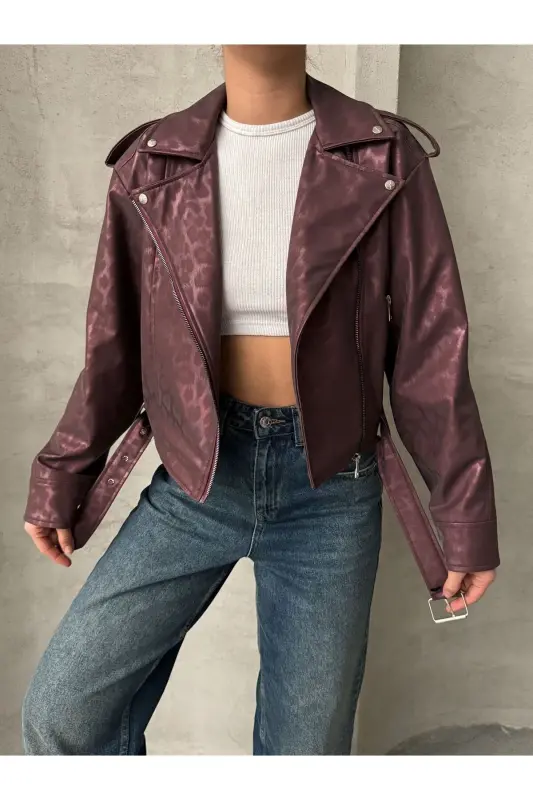 Oversized Belted Leather Style Leopard Jacket - maroon - 1