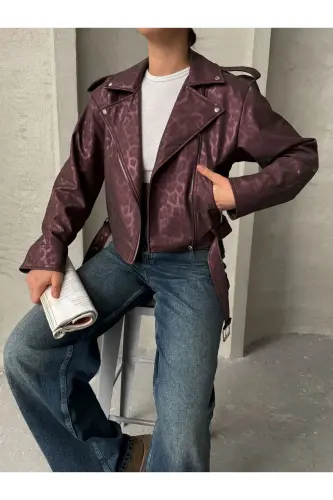 Oversized Belted Leather Style Leopard Jacket - maroon - MEECY (1)
