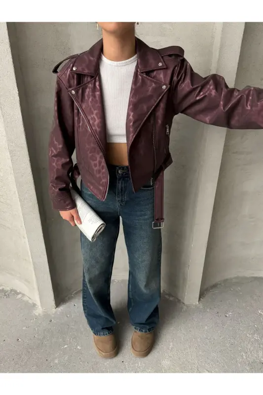 Oversized Belted Leather Style Leopard Jacket - maroon - 4