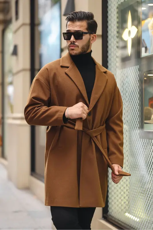 Oversized, belted, relaxed fit wool coat. - GM GIYIMARKET