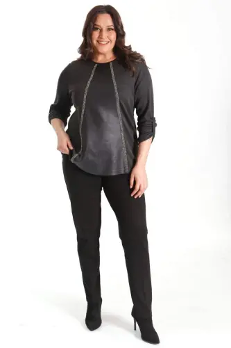 Oversized Black Blouse with Leather Patch and Stone Strip Detail - 4