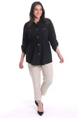 Oversized Black Jacket with Waist Tie and Pockets - BÜYÜKBEDENIZ (1)