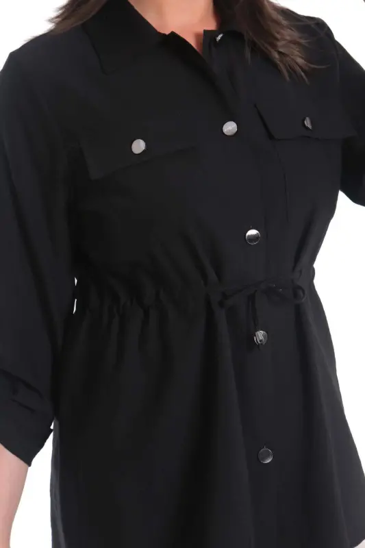 Oversized Black Jacket with Waist Tie and Pockets - 5