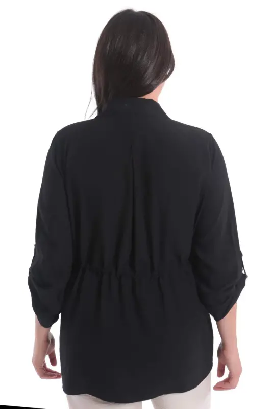 Oversized Black Jacket with Waist Tie and Pockets - 6