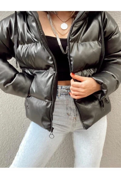 Oversized Black Puffer Leather Jacket - 12