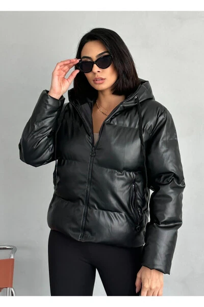 Oversized Black Puffer Leather Jacket - ALINTERYY (1)