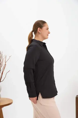 Oversized Black Shirt with Crochet Sleeve Detail - 3