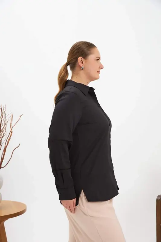Oversized Black Shirt with Crochet Sleeve Detail - 3