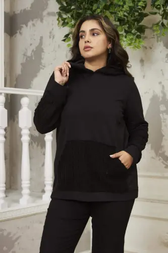 Oversized Black Sweatshirt with Sleeve Detail - 1