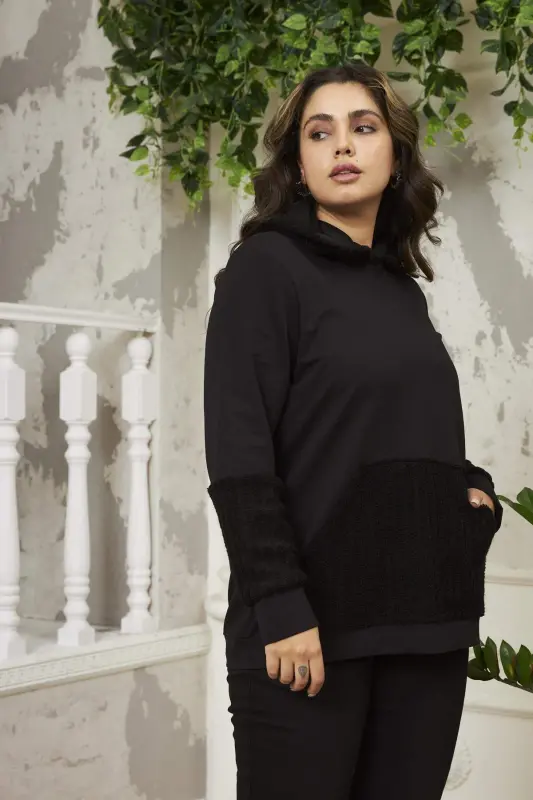 Oversized Black Sweatshirt with Sleeve Detail - 2