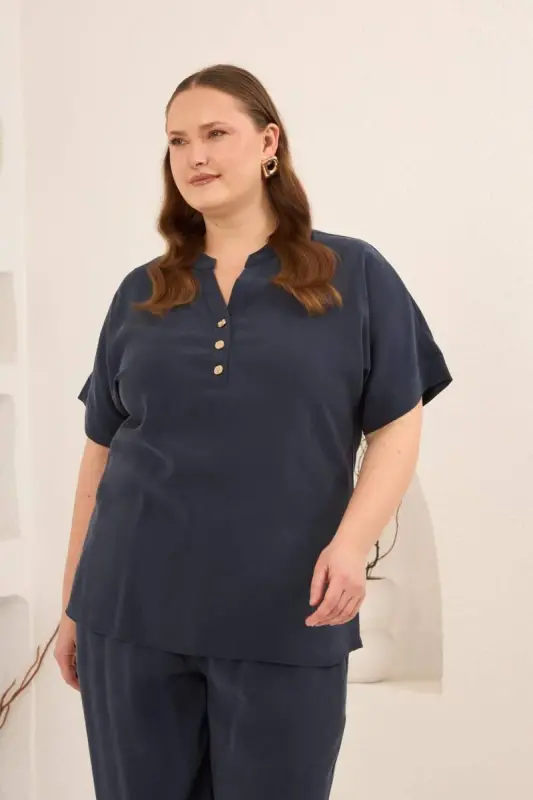 Oversized Button-Front Modal Blouse Navy Blue - 3