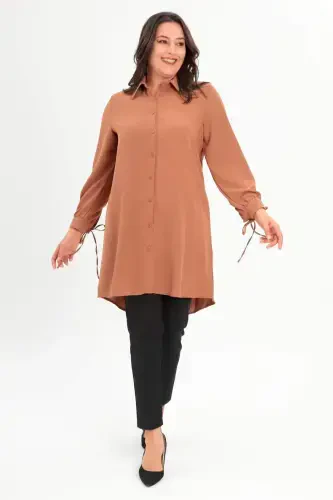 Oversized Collar Baguette Stone Camel Tunic - BÜYÜKBEDENIZ (1)