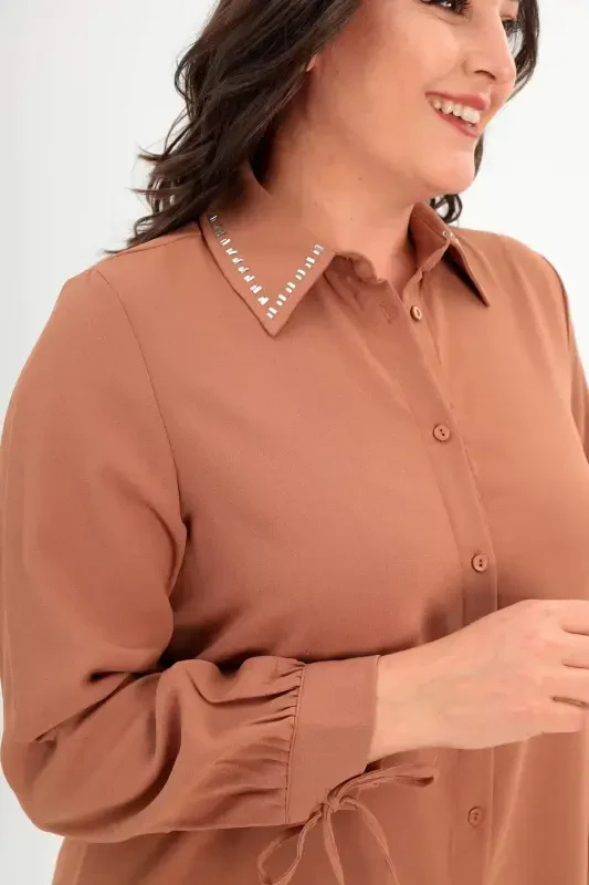 Oversized Collar Baguette Stone Camel Tunic - 4