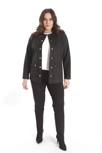 Oversized Crew Neck Snap Button Black Suede Jacket - BÜYÜKBEDENIZ (1)