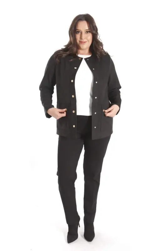 Oversized Crew Neck Snap Button Black Suede Jacket - 4