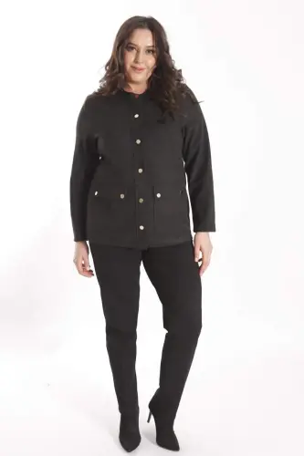 Oversized Crew Neck Snap Button Black Suede Jacket - 6
