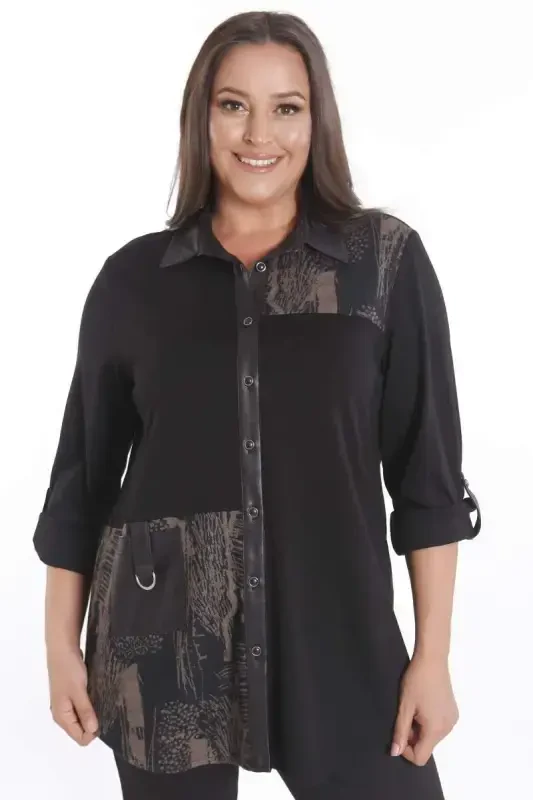 Oversized Front Piece and Leather Pocket Detailed Knitted Brown Shirt - 1