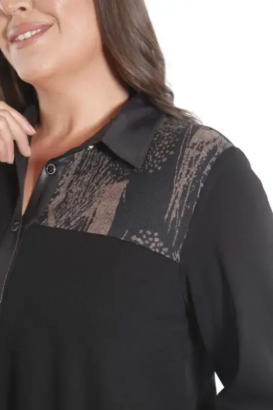 Oversized Front Piece and Leather Pocket Detailed Knitted Brown Shirt - 3