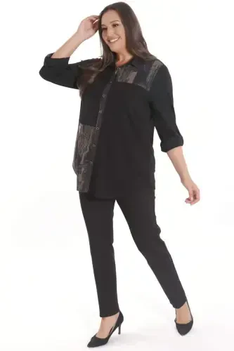 Oversized Front Piece and Leather Pocket Detailed Knitted Brown Shirt - 4