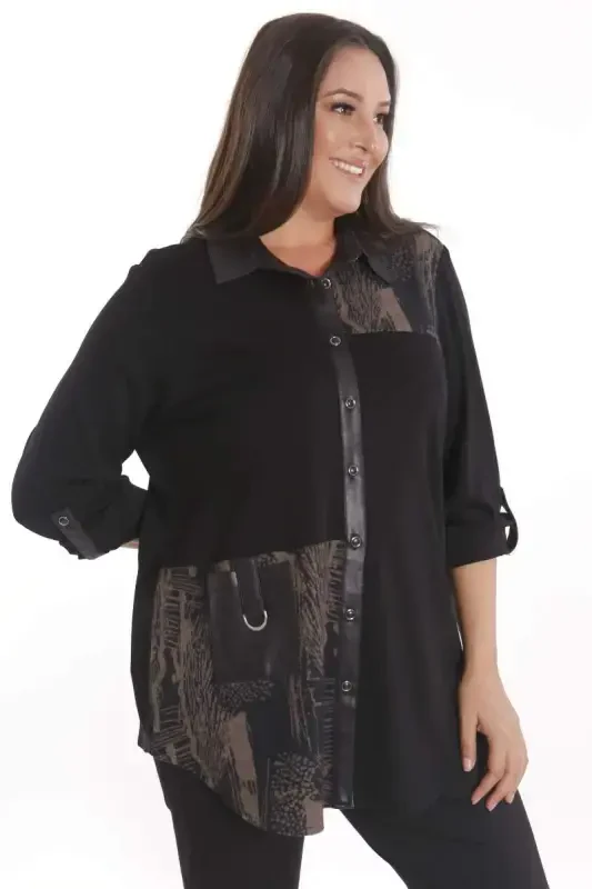 Oversized Front Piece and Leather Pocket Detailed Knitted Brown Shirt - 5