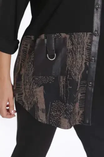 Oversized Front Piece and Leather Pocket Detailed Knitted Brown Shirt - 6