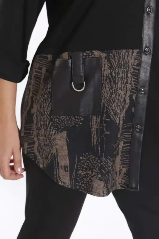 Oversized Front Piece and Leather Pocket Detailed Knitted Brown Shirt - 6