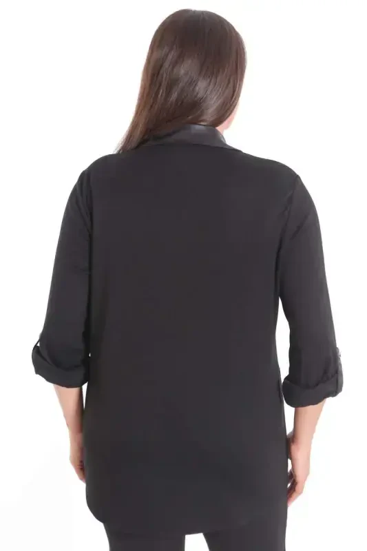 Oversized Front Piece and Leather Pocket Detailed Knitted Brown Shirt - 7