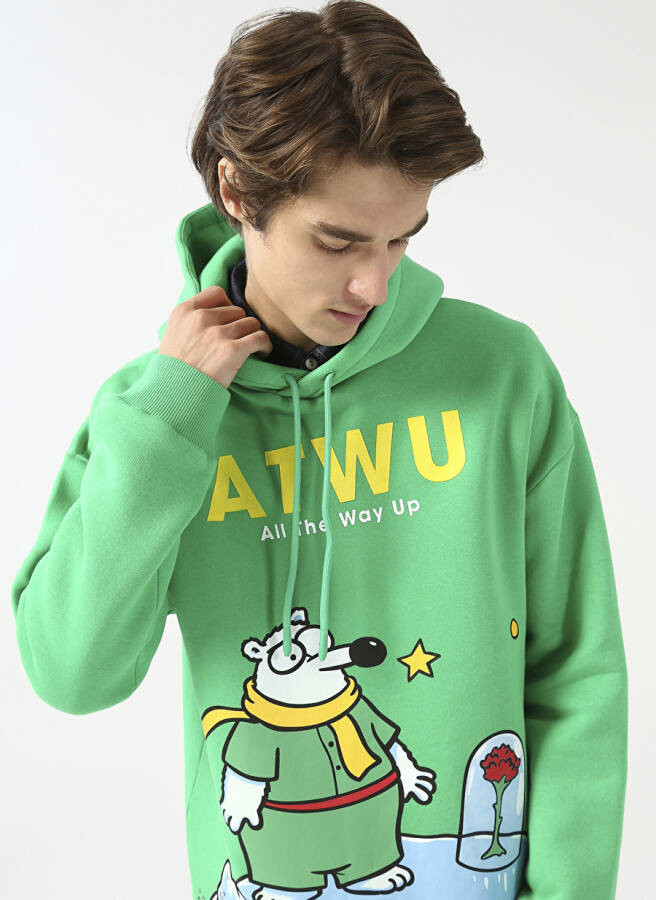 Oversized Hooded Printed Green Men's Fleece Sweatshirt - 1