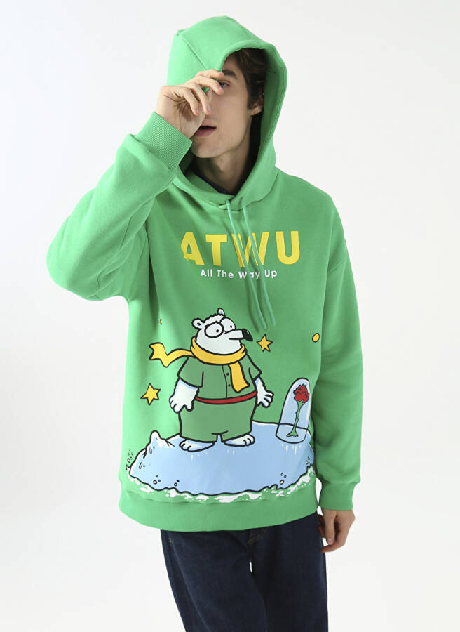 Oversized Hooded Printed Green Men's Fleece Sweatshirt - 2