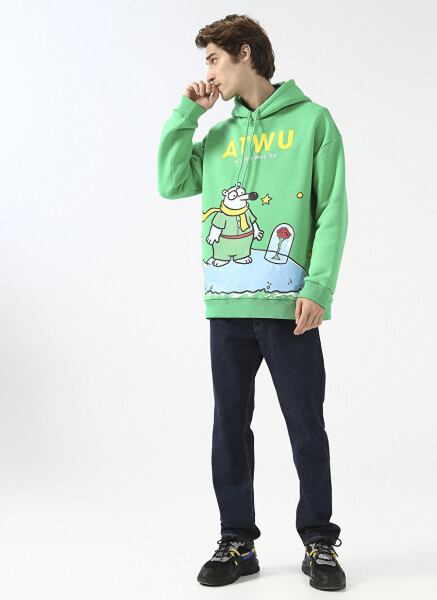 Oversized Hooded Printed Green Men's Fleece Sweatshirt - 3