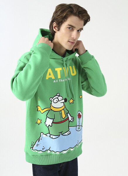 Oversized Hooded Printed Green Men's Fleece Sweatshirt - 4