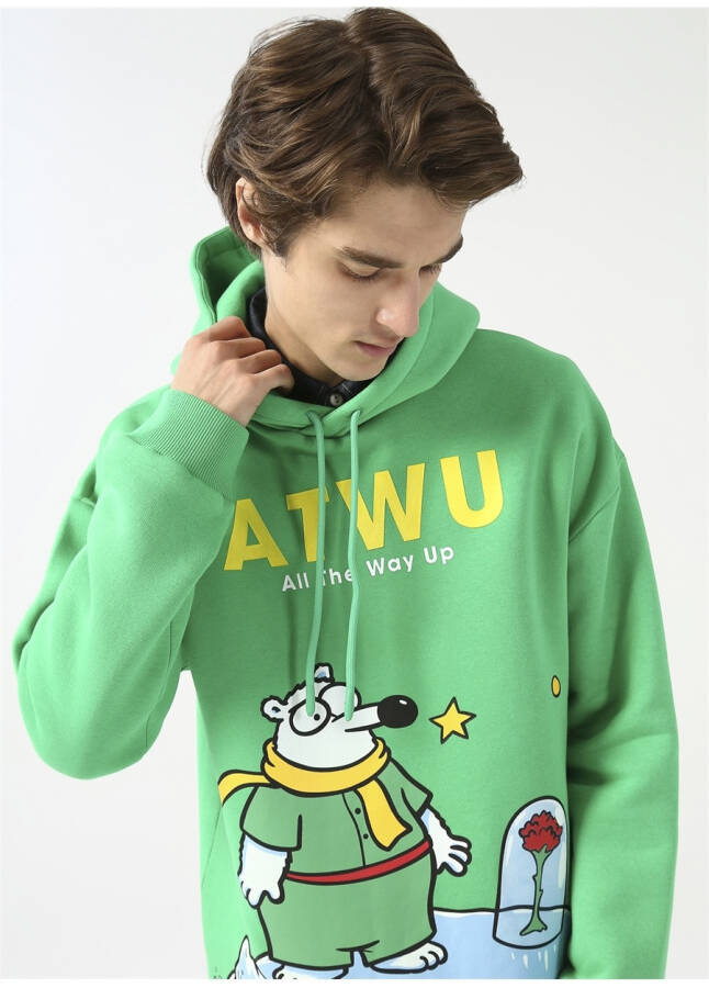 Oversized Hooded Printed Green Men's Fleece Sweatshirt - 7